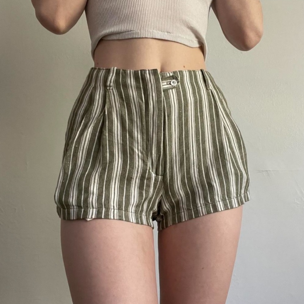 Reformation Olive Striped High Waist Shorts